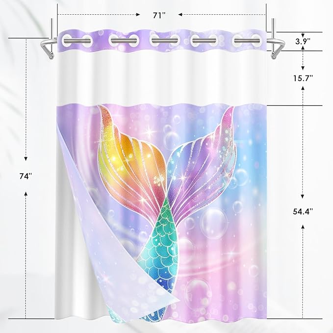Mermaid Galaxy Summer No Hook Shower Curtain with Snap in Liner, Pink Purple Kids Girl Bath Curtain with Double Layers Waterproof Fabric and Mesh Top Window 71x74 Inch