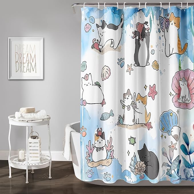 AILONEN Watercolor Cat Shower Curtain for Bathroom, Cute Cat Princess Shell Waterproof Bath Curtain,Cat Lover Minimalist White Curtain with 12 Plastic Hooks(72" W*84" H)
