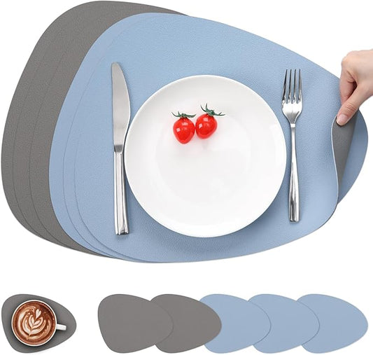 Myir JUN Placemats, Dual-Sided Placemats Waterproof Faux Leather Placemats Set of 6 Place Mats and Coasters Non-Slip Washable Table Mats for Dining Table (Gray Sky Blue, Set of 6)
