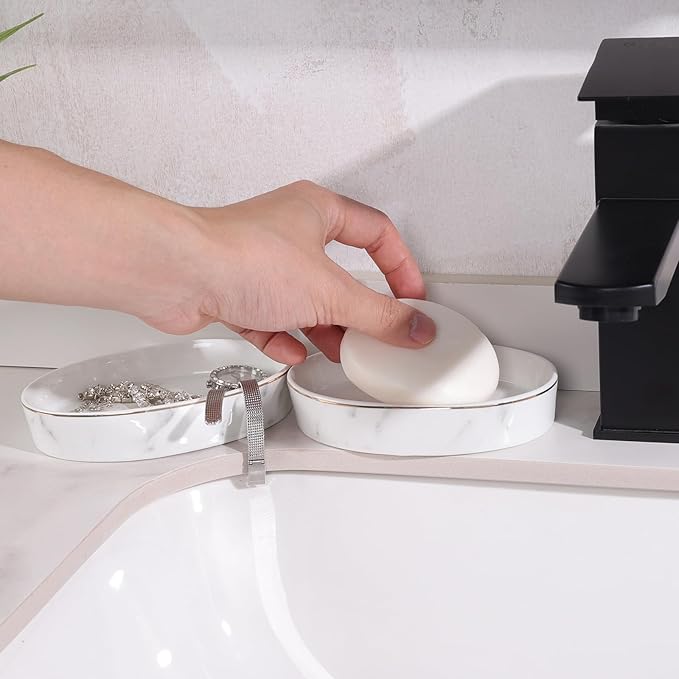 Soap Dish, Ceramic White Marble Soap Holder Soap Bar Holder, Oval Soap Dish for Shower Bathroom Kitchen Sink, Easy Clean, ANTIS'S HOME