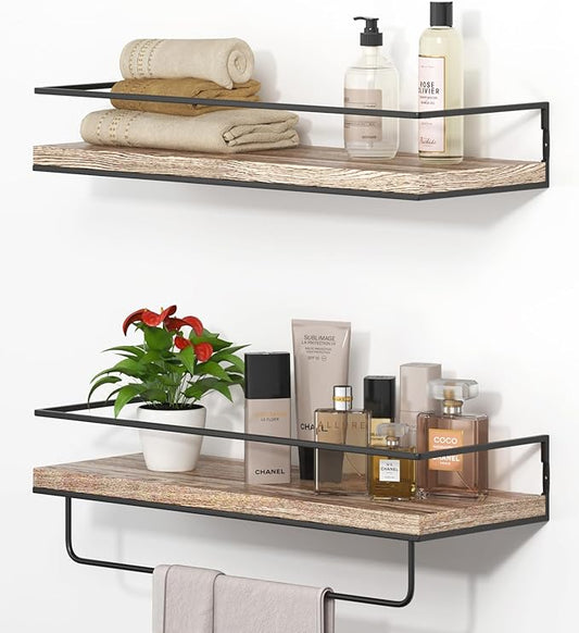 Shario Rustic Wood Floating Shelves - Set of 2, Wall Mounted Hanging Shelves with Black Towel Rack, Decorative Storage Shelves for Bathroom, Kitchen, Living Room & Bedroom (Light Brown)