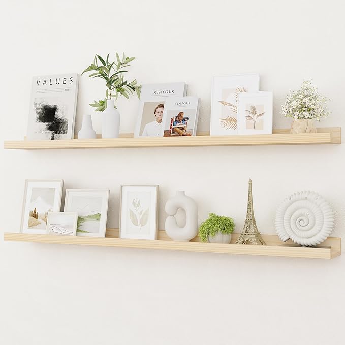 Picture Ledge Shelf, Solid Pine Wood Rustic Floating Shelves for Wall, 48 Inch Long Floating Shelves with Lip for Bedroom Kitchen Living Room Nursery Display, Set of 2 (Natural)