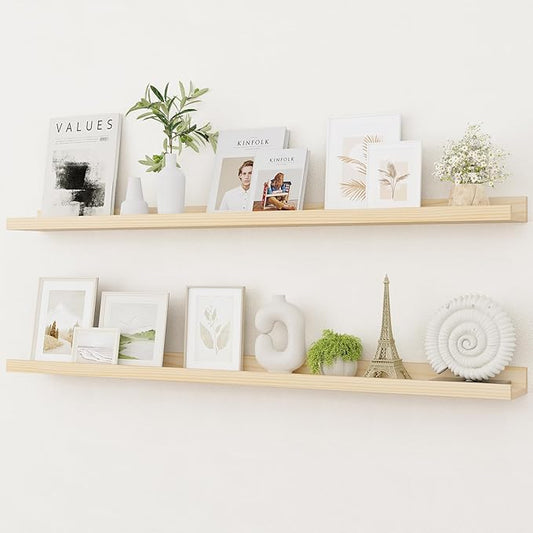 Picture Ledge Shelf, Solid Pine Wood Rustic Floating Shelves for Wall, 48 Inch Long Floating Shelves with Lip for Bedroom Kitchen Living Room Nursery Display, Set of 2 (Natural)