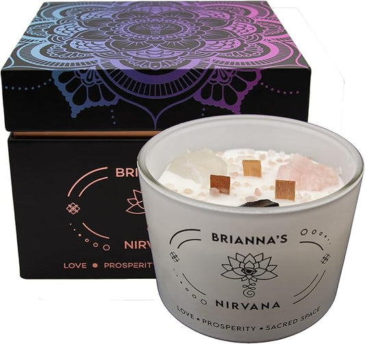 Rose Quartz & Clear Quartz 3-Wick Meditation Candle - Attract Love & Abundance - Obsidian Crystal Inside (Wooden Wick, White)