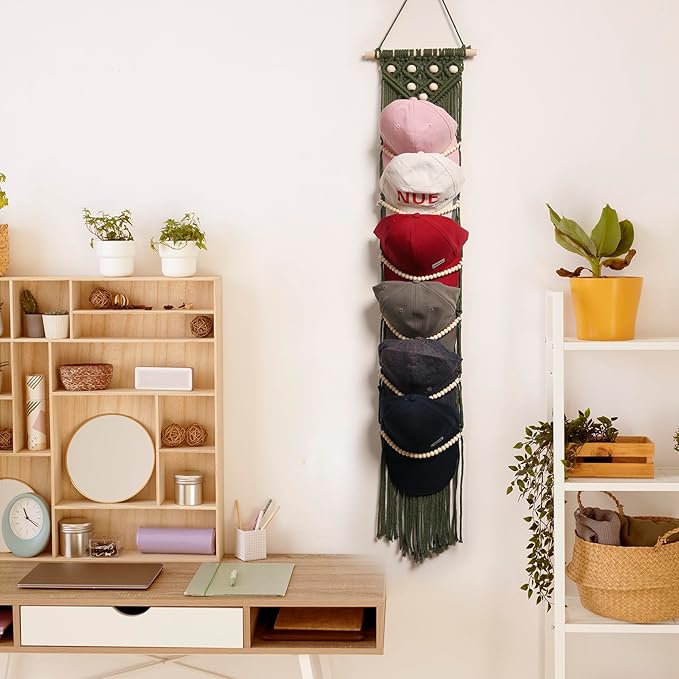 Ball Cap Hanger-1 Pack-Boho Macrame Cap Holder Wall Hat Organizer for Baseball Cap Holder Over Door, Hat Rack for Wall, Cap Rack for Decoration and Display(Green)