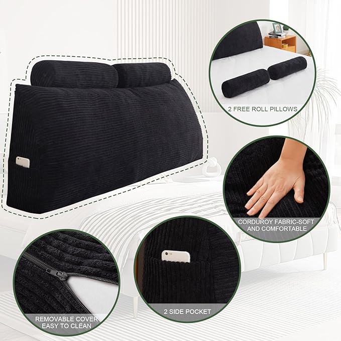 HIGOGOGO Wedge Headboard Pillow, Bed Rest Reading Pillow, Backrest Positioning Support Bolster Cushion with Removable Cover,Queen Size 60X20.4X8.4,Black