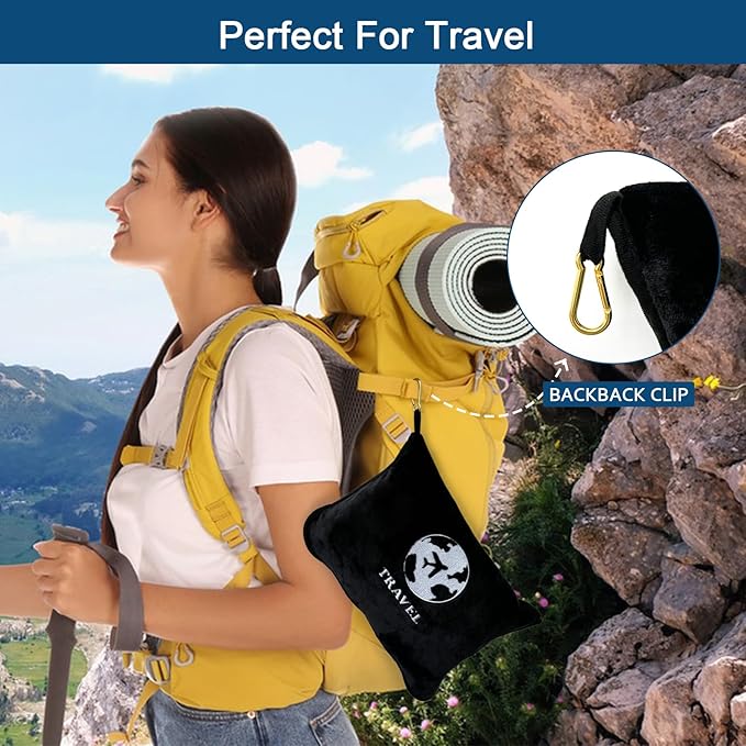 Bnuitland Travel Blanket and Pillow 2 in 1, Soft Flannel Airplane Blanket in Bag Compact-Long Flight Essential for Adults and Kids, Portable Luggage Sleeve and Backpack Clip, 65×40 inch Black