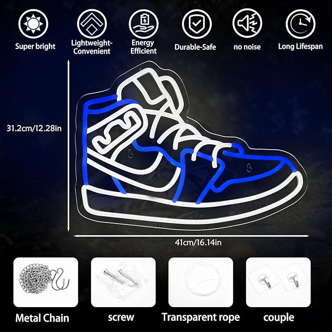 Sneaker Neon Sign for Wall Decor Dimmable Blue and White Shoe LED Lights Cool Room Decor for Boys Game Room Teen Bedroom Home Neon Sign Sneakerhead Shoe Gifts