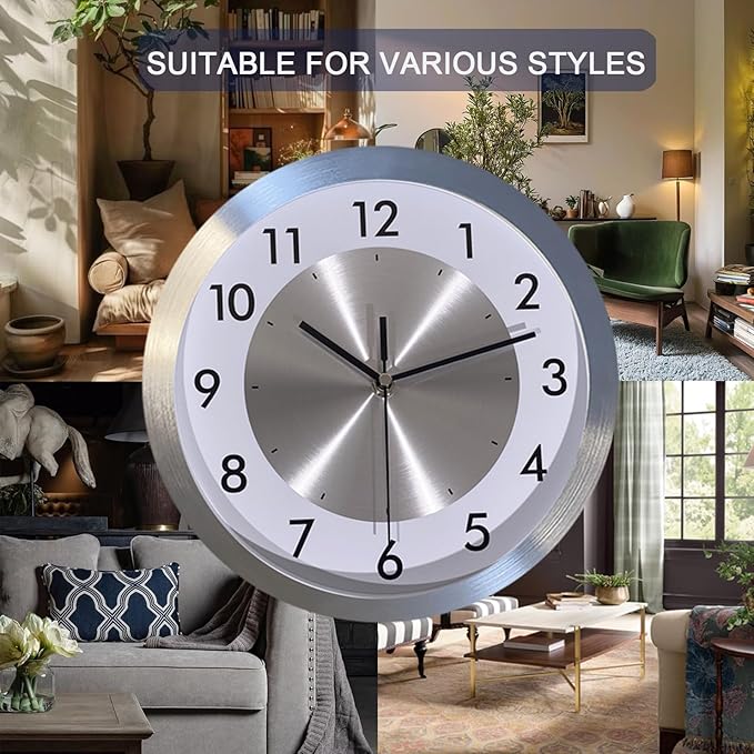 Non Ticking Silent Wall Clock Decorative,Analog Metal Wall Clock Battery Operated,Bedroom/Living Room/Office/Kitchen Clock,Sliver,12 inch