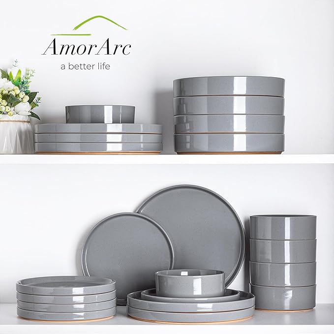 AmorArc Ceramic Dinnerware Set for 6 | Speckled Stoneware Plates and Bowls with Rustic Terracotta Underside| Scratch Resistant,Dishwasher & Microwave Safe Dishes Sets- 18pcs Gray