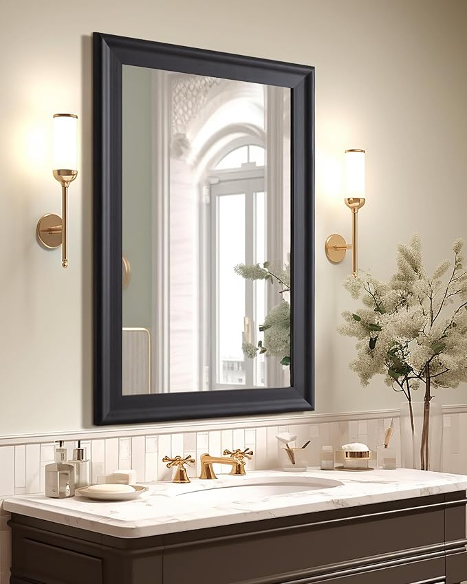 CULER Black Wood Wall Mirror for Bathroom,Rectangle Rustic 24 x 36 inch Hanging VanityMirrors with Wooden Frame for Living Room,Bedroom,Entryway