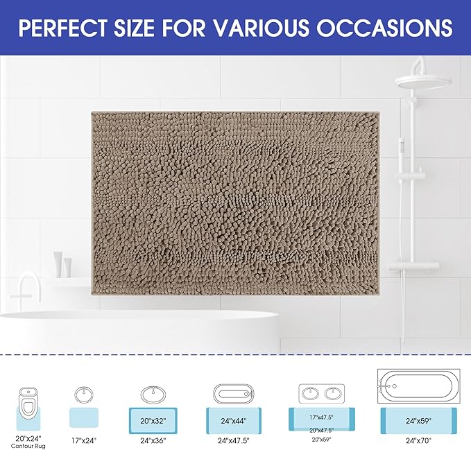 ACCUMTEK Striped Dark Beige Bathroom Rug Mat 36"x24" Ultra Soft, Non Slip Chenille Bath Rugs, Absorbent Plush Shaggy Bath Mats for Bathroom, Bedroom, Kitchen, Shower, Tub,Taupe