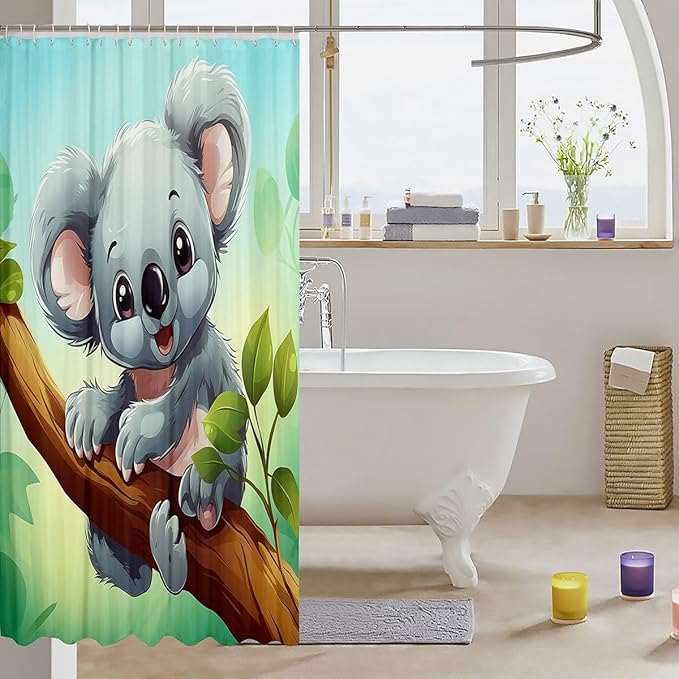 Feelyou Cute Koala Shower Curtain Cartoon Koala Fabric Shower Curtain for Kids Boys Girls Kawaii Animal Bathroom Waterproof Accessories with 12 Hooks Nutrue Theme Curtains,72x84 Inches