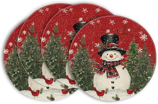 Artoid Mode Snowman Trees Snowflakes Christmas Round Placemats Set of 4, 14 Inch Winter Round Table Mats for Dining Decoration