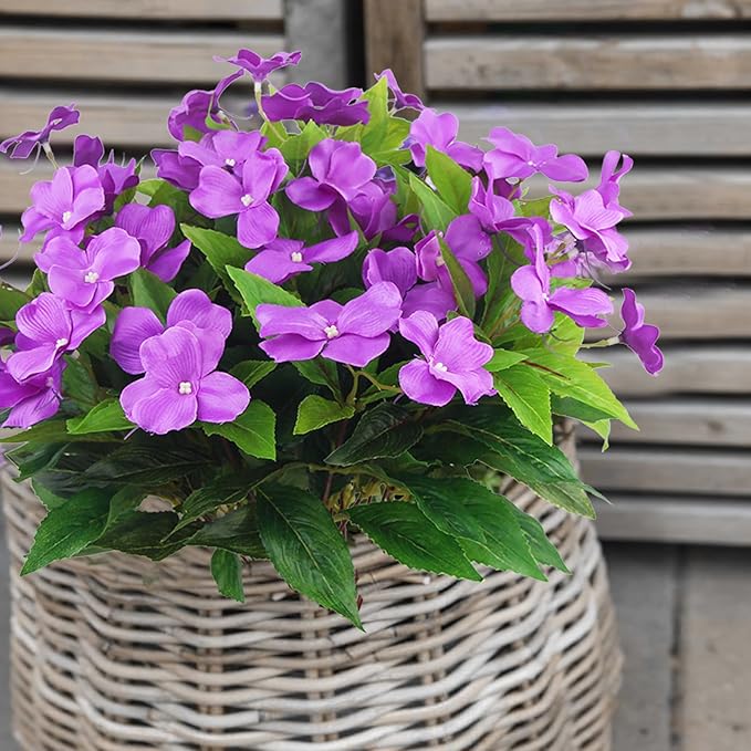 4 Pcs Artificial Flowers Outdoor Impatiens UV Resistant Silk Impatiens Flowers Purple Faux Flowers Impatiens Bushes Artificial Impatiens for Pot Patio Lawn Garden Hanging Basket Porch Decor