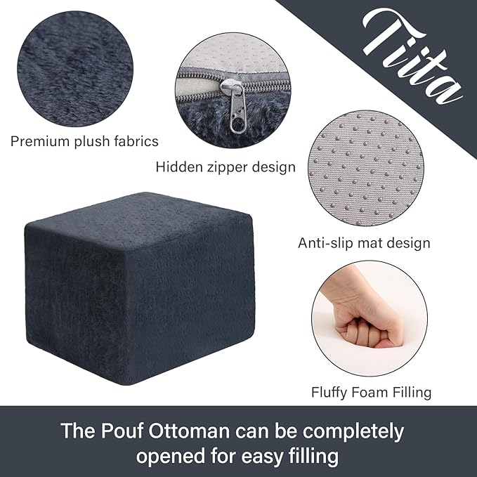 Tiita Stuffed Pouf Ottoman, Square Foot Stool Fluffy Floor Poufs Chair for Living Room Bedroom, Filled Boho Foot Rest for Couch, Blue-Grey