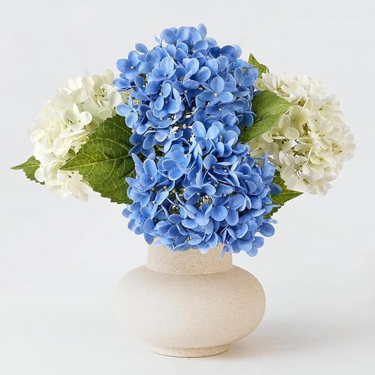 4 Pcs 20'' Real Touch Hydrangea Artificial Flowers Boho Lifelike Real Looking Latex Hydrangeas Flower with Long Stem for Baby Shower Indoor Home Decor Spring Table Centrepiece 2 Blue 2 White