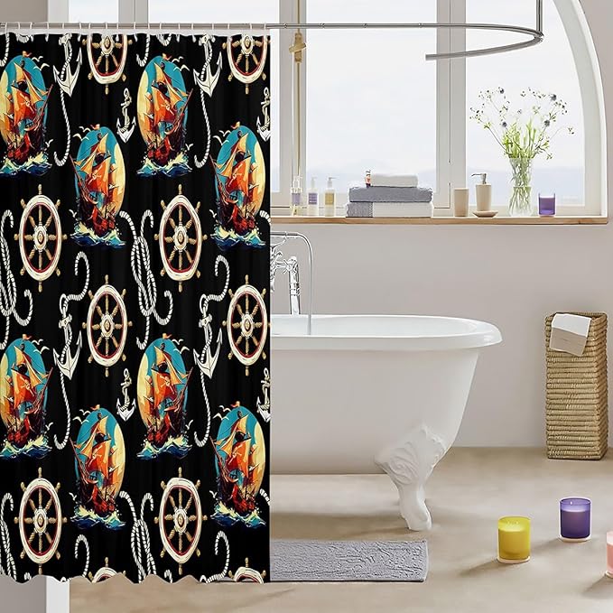 Feelyou Pirate Ship Shower Curtain Ocean Sailing Themed Fabric Shower Curtain for Kids Boys Girls Anchor and Rudder Bathroom Waterproof Accessories with 12 Hooks Black Curtains,72X84 Inches