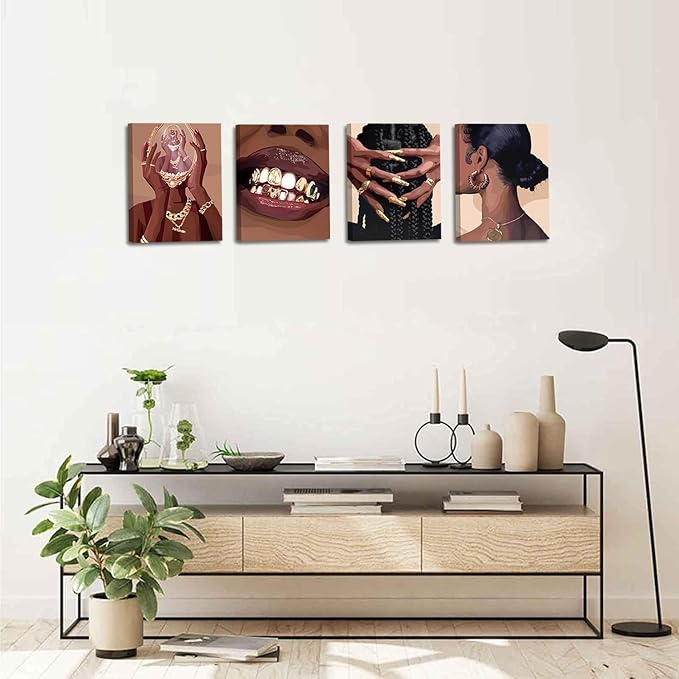 Black Woman Framed Canvas Art Decor,Black Girl Art Poster,Black Female Art Printing,Feminine Boho Art Abstract African American Woman Wall Art Decor for Home Bedroom - Set of 4 (8"X10",Built-in frame