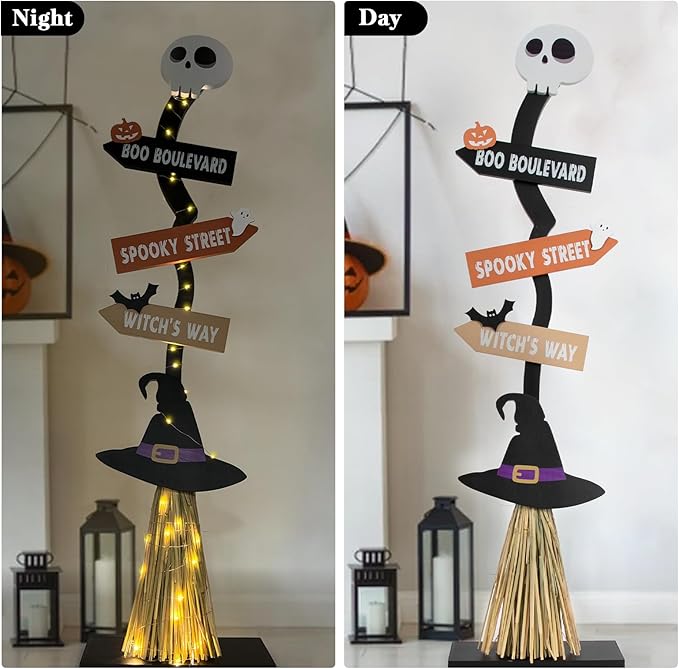DAZONGE Halloween Decorations -Lighted Wooden Witch’s Broom for Indoor Outdoor Porch Yard Decor - Spooky Light up Halloween Witch Decorations Sign