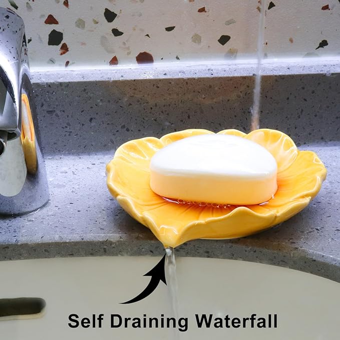 Elegant Bathroom Soap Dish, Inspired by Nature Sunflower, Ceramic Soap Dish Holder, Self-Draining and Multiple Styles for Bathroom Kitchen Accessories