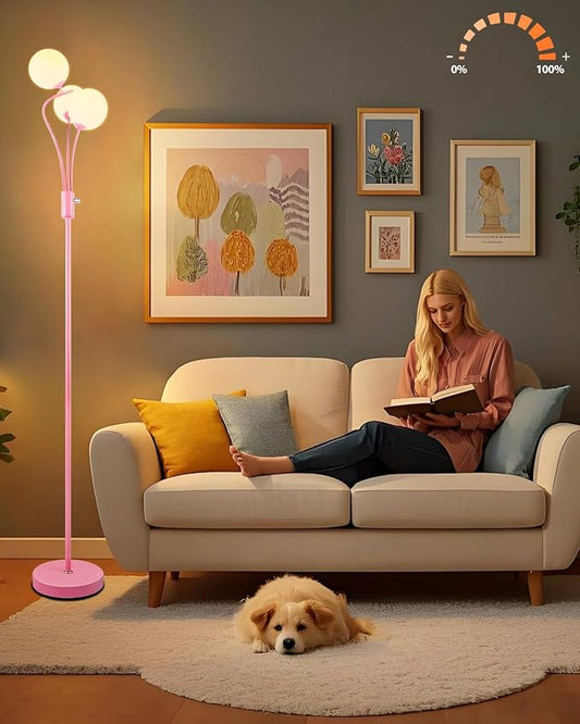 Lightdot Pink Floor Lamp for Girls Room Stepless Dimmable Globe Standing Lamp with 3Pcs 3000K G9 Bulbs Modern Design & Stable Base Mid Century Floor Lamps for Living Room/Bedroon