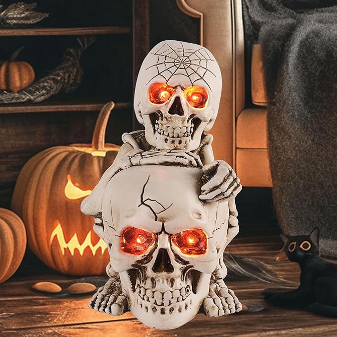 Halloween Skull Decor Resin Skeleton Head Stack Solar Garden Statue Unique Garden Decor for Outside Yard Porch Lawn, Ideal