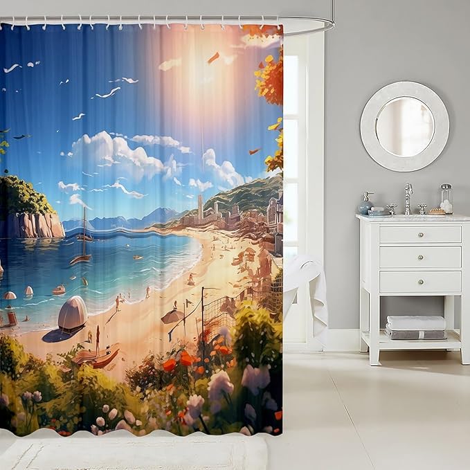 Feelyou Beach Shower Curtain Kids Beach Ocean Fabric Shower Curtain Nutrue Theme Bathroom Waterproof Accessories with 12 Hooks for Women Men Summer Holiday Curtains,72x78 Inches