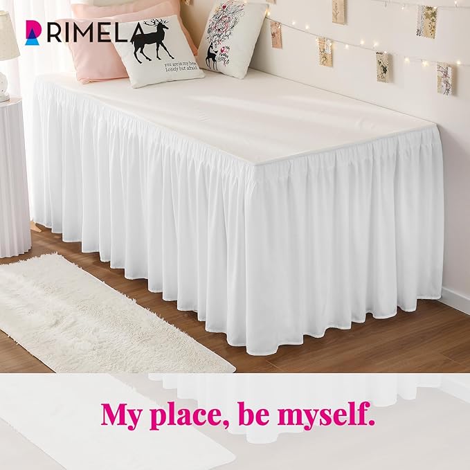 RIMELA Dorm Bed Skirt Twin XL 25 Inch Drop, Extra Long Wrap Around Elastic Bed Skirts Easy to Put On Twin Size Dust Ruffle, White Bedskirt for Adjustable Bed Base Solid Silky Fabric Machine Washable