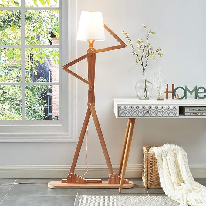 Cool Tall Floor Lamp for Living Room Bedroom Farmhouse - Corner Decorative Reading Standing Light Wood Creative Swing Arm Arc Design Gift for Kids/Boys/Girls Bedside - with LED Bulb (Ash)