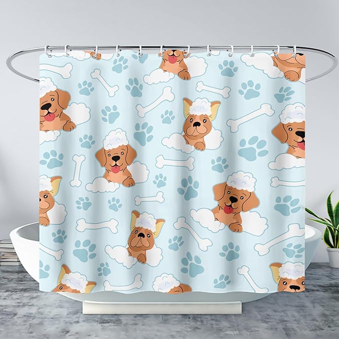 AILONEN Cute Dog Shower Curtain,Cute Bulldog Labrador Dog Print Shower Curtain, 72" W*96" H Waterproof Happy Shower Puppy Dog Lover Curtain with Grommets and 12 Hooks