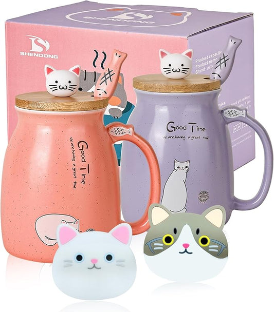 SHENDONG 2 Pack Cat Mugs Cute Ceramic Coffee Cups Set of 2 with Kawaii Bamboo Lid and Spoon Novelty Morning Cup Coffee Milk Tea Mugs - 3D Animal cat Mugs for Cat Lovers Women Gifts (Red and Purple)