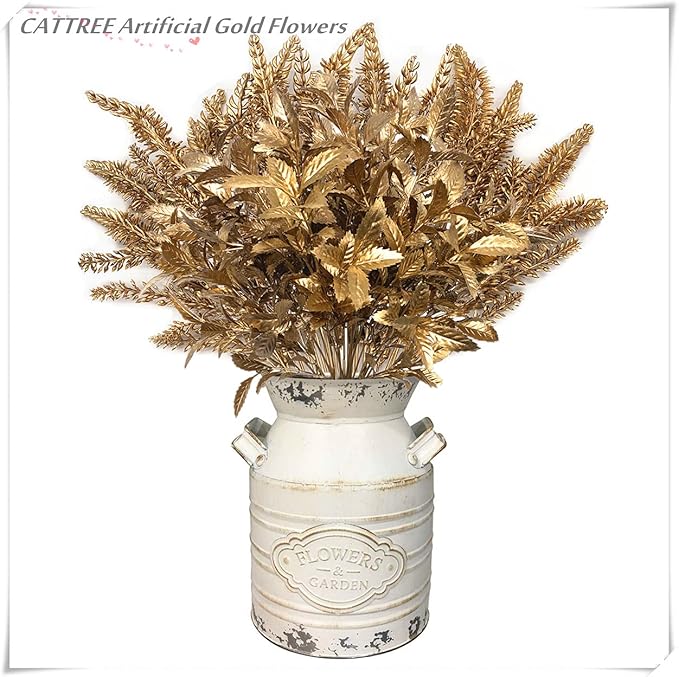 CATTREE Artificial Gold Plants, Plastic Leaves Golden 4 Pack, Fake Grass Faux Shrubs Bushes for Home Indoor Outdoor Garden Leaf Wedding Christmas Festival Decoration Hall Table Planter Filler