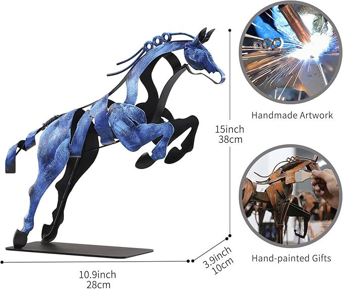 Horse Statue, Unique Metal Art Handmade Sculpture for Home Decor, Rustic Decor, Gifts for Horse Lovers (Blue)