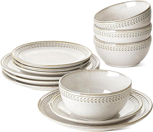 LE TAUCI Dinnerware Sets for 4, Stoneware 12 Piece Ceramic Plates & Bowls | Oven/Dishwasher/Microwave Safe | Ideal for Housewarming | Reactive Beige (10" Plate+8" Dish+27oz Bowl）