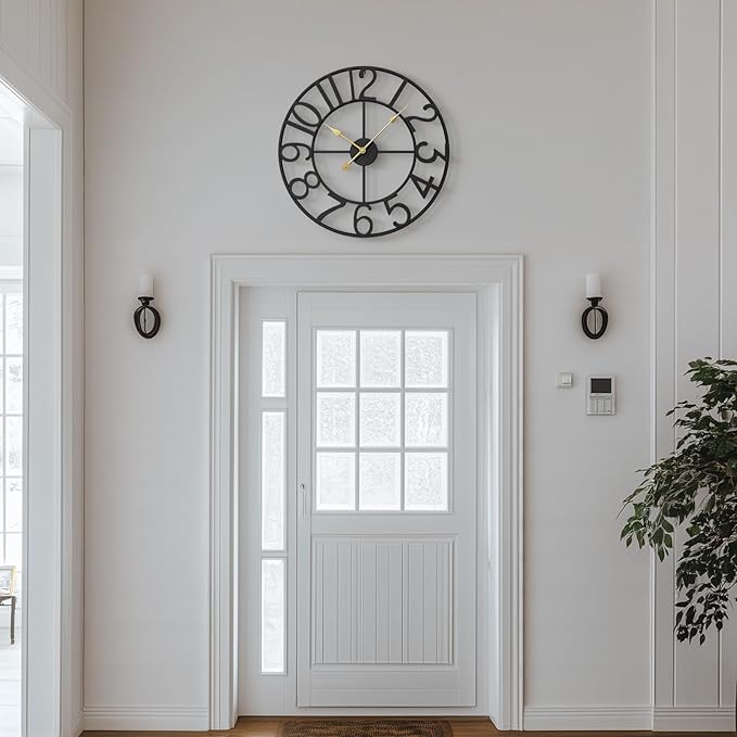 Large Wall Clock, 24 Inch Black Decorative Wall Clock for Living Room, Modern Metal Battery-Operated Arabic Numerals Round Clocks Silent Non Ticking for Kitchen Mantel Bedroom Office