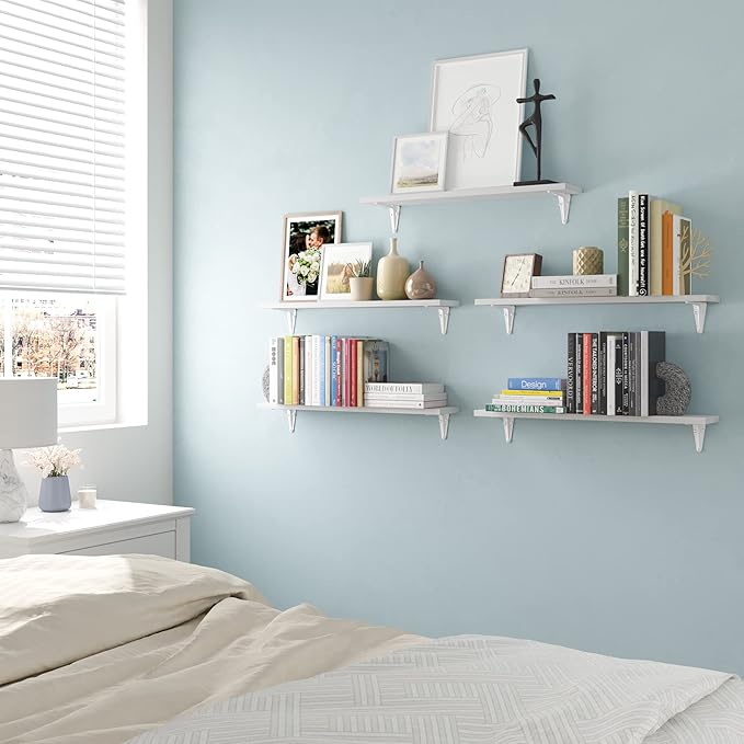 Wallniture Arras 24" Bathroom Shelves, Floating Shelves for Wall Storage, Bookshelf Living Room Decor, Bedroom, Kitchen Shelf, White Set of 5