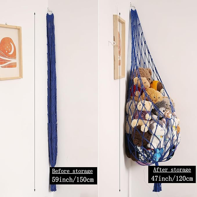 Stuffed Animal Storage Toy Hammock Corner Hanging Net for Stuff Animal Storage Macrame Toy Display Plushie Toy Holder-Wall Hanging Net for Kid Bedroom Decor Playroom Organizer (Blue)