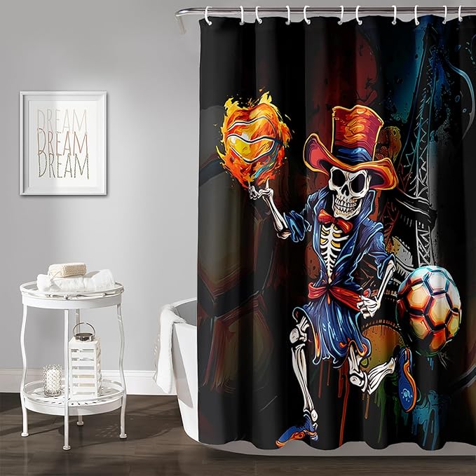 AILONEN Sugar Skull Shower Curtain,Funny Skull Skeleton Design Shower Curtain Set with Hooks for Boys Girls Teens,Skeletons Playing Balls Waterproof Fabric Shower Curtain for Bathroom,36" W*72" H