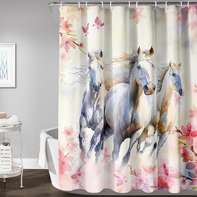 AILONEN Girls Flower Horse Shower Curtain for Bathroom,Galloping Horse Bath Curtain,Pink Watercolor Floral Horse Waterproof Curtain with 12 Plastic Hooks, 60" W*72" H