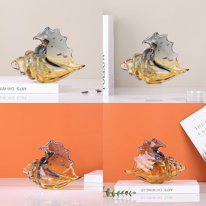 DOVDOV Hand Blown Glass Conch Statues, Gray and Amber Glass Art Figurines, Conch Shells for Coastal Home Decor, Living Room TV Stand and Bookcase Decor, Bathroom Shelf Tops and Cabinet Decor.