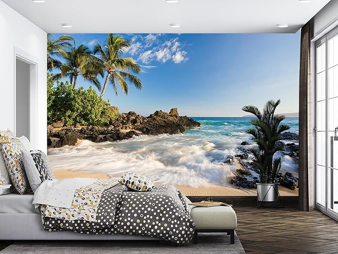 Beach Coconut Tree Natural Scenery Landscape Wallpaper for Bedroom (Not Peel and Stick)
