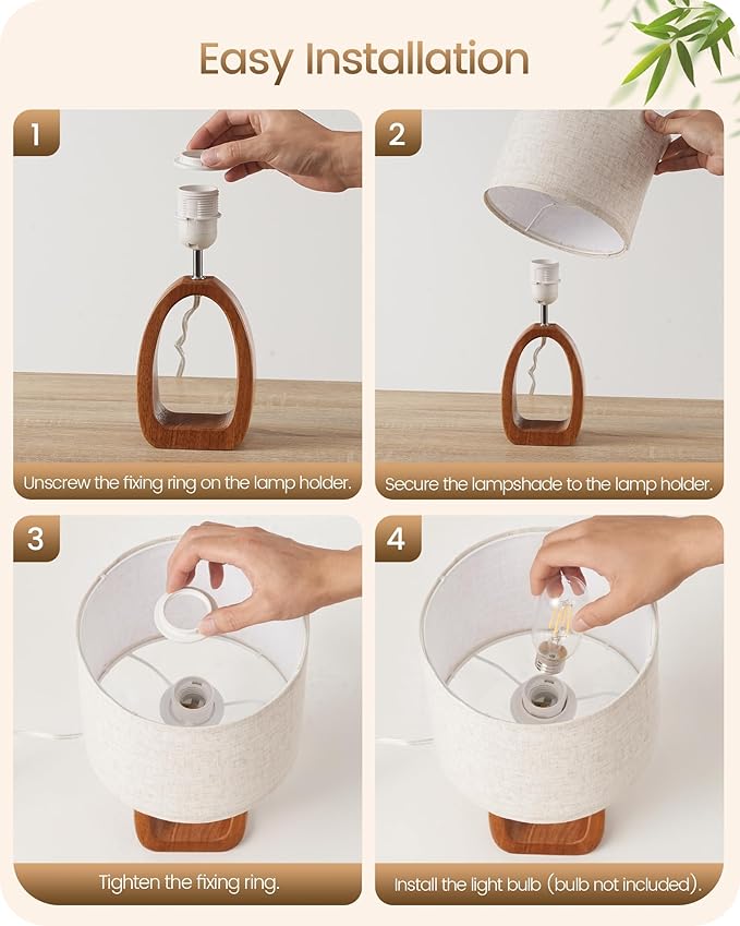 Small Table Lamp, Wood Bedside Lamp with Linen Lampshade, Modern Nightstand Lamp, Cute Desk Lamp for Living Room, Bedroom, E26 Base, Bulb Not Included, Beige and Dark Natural LE07TL05