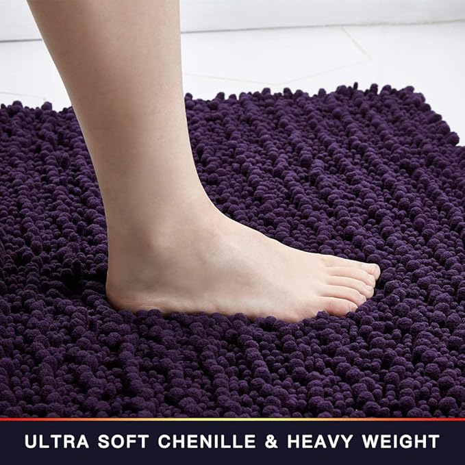 Walensee Bathroom Contour Rug Non Slip Toilet U Shaped Bath Mat (20x24, Dark Purple) Water Absorbent Super Soft Shaggy Chenille Machine Washable Dry Extra Thick Perfect Absorbant Best Plush Carpet