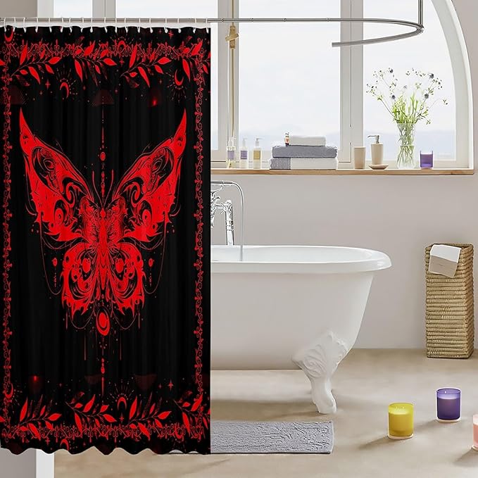 Feelyou Boho Red Butterfly Fabric Shower Curtain Bohemian Moth Shower Curtain for Kids Boys Girls Moon Galaxy Bathroom Waterproof Accessories with 12 Hooks Black and Red Curtains,72X78 Inches