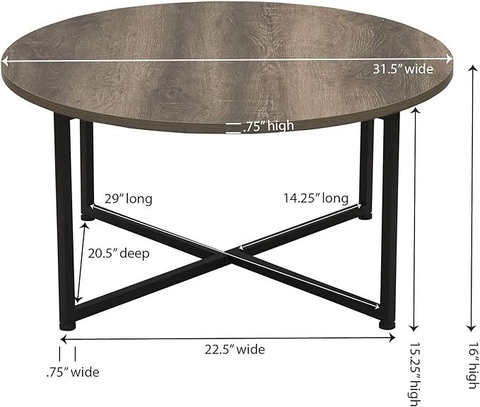 Household Essentials Jamestown Round Coffee Table Ashwood Rustic Wood Grain and Black Metal 31.5 x 31.5, Taupe