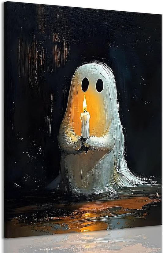 ILLBDR Cute Ghost Canvas Wall Art Halloween Decor Vintage Painting, Spooky Silhouette Ghost Holding Candle Haunted House Art, Bedroom Gothic Decor Ready to Hang, 12x16 Inch Framed