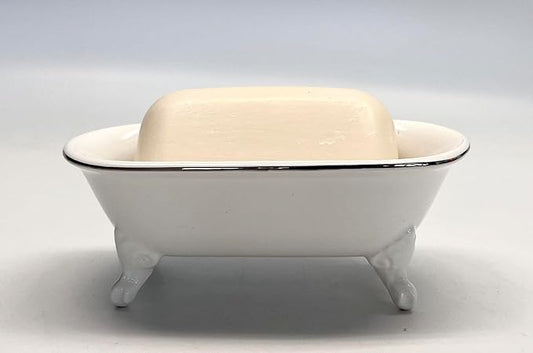 6.5" Ceramic Mini Decorative Clawfoot Bathtub Bar Soap Dish, Kitchen Sponge Holder and Shower Tray for Bathroom, 1 Pack (White Silver Rim)