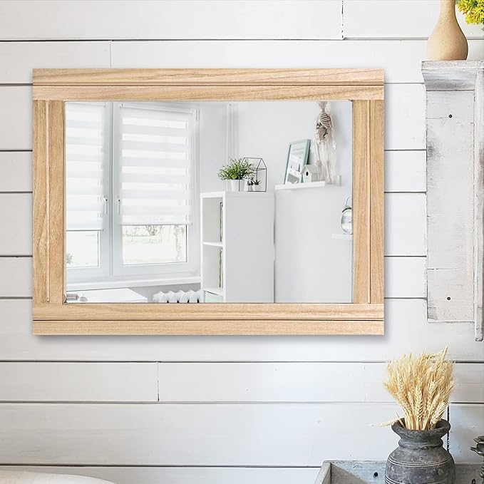 AAZZKANG Rustic Mirrors for Wall with Rectangular Wood Frame Decorative for Farmhouse Bedroom Bathroom Living Room Home Office Large 20"x16"