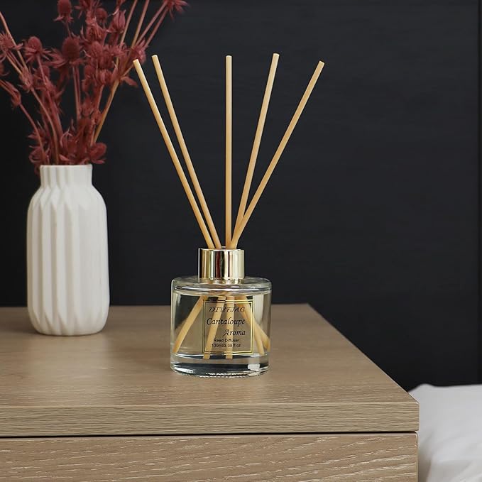 100ml Scent Diffuser with 6 Fiber Sticks, 3.5 oz Reed Diffuser Set Aromatherapy Fragrance Diffusers Air Fresheners for Home Bedroom Bathroom (Cantaloupe)